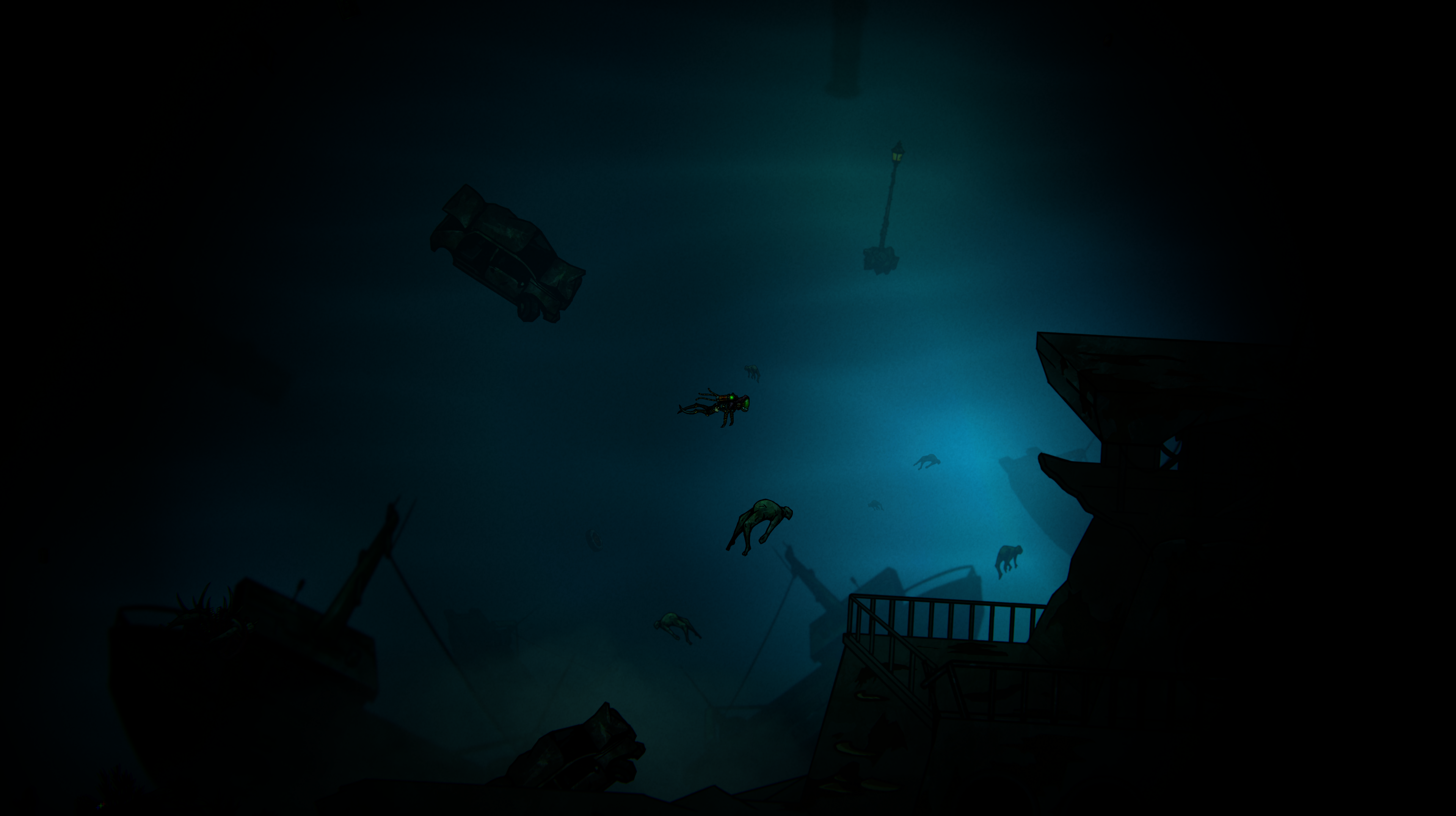 Dive or Die underwater scene with floating bodies and sunken wreckage